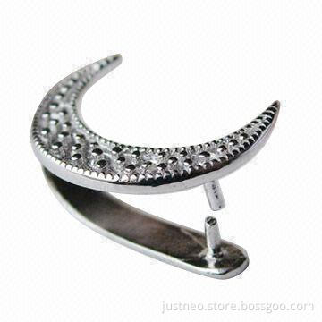 Solid 925 sterling silver moon-shaped pinch bail pendant connector, measures 14.5x10.7x7.3mm